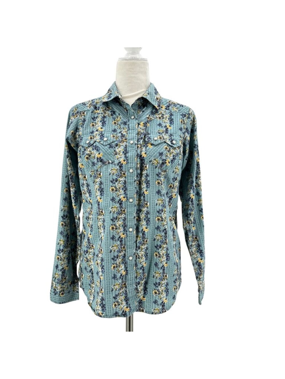 Ariat Real Womens Small Top Annette Shirt Snap Button Floral Blue Long Sleeve